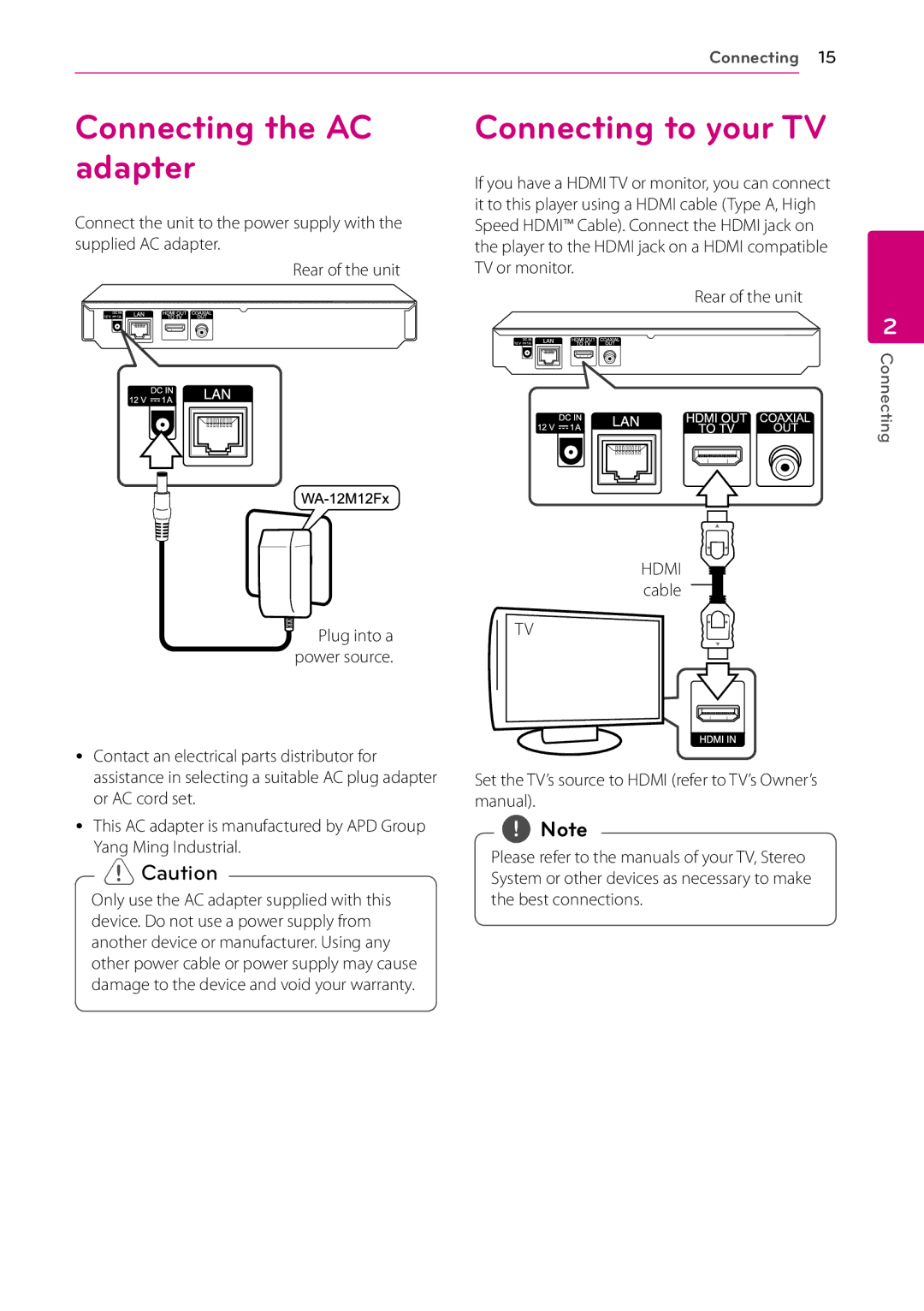 LG Electronics BP200 owner manual Connecting the AC adapter, Connecting to your TV 