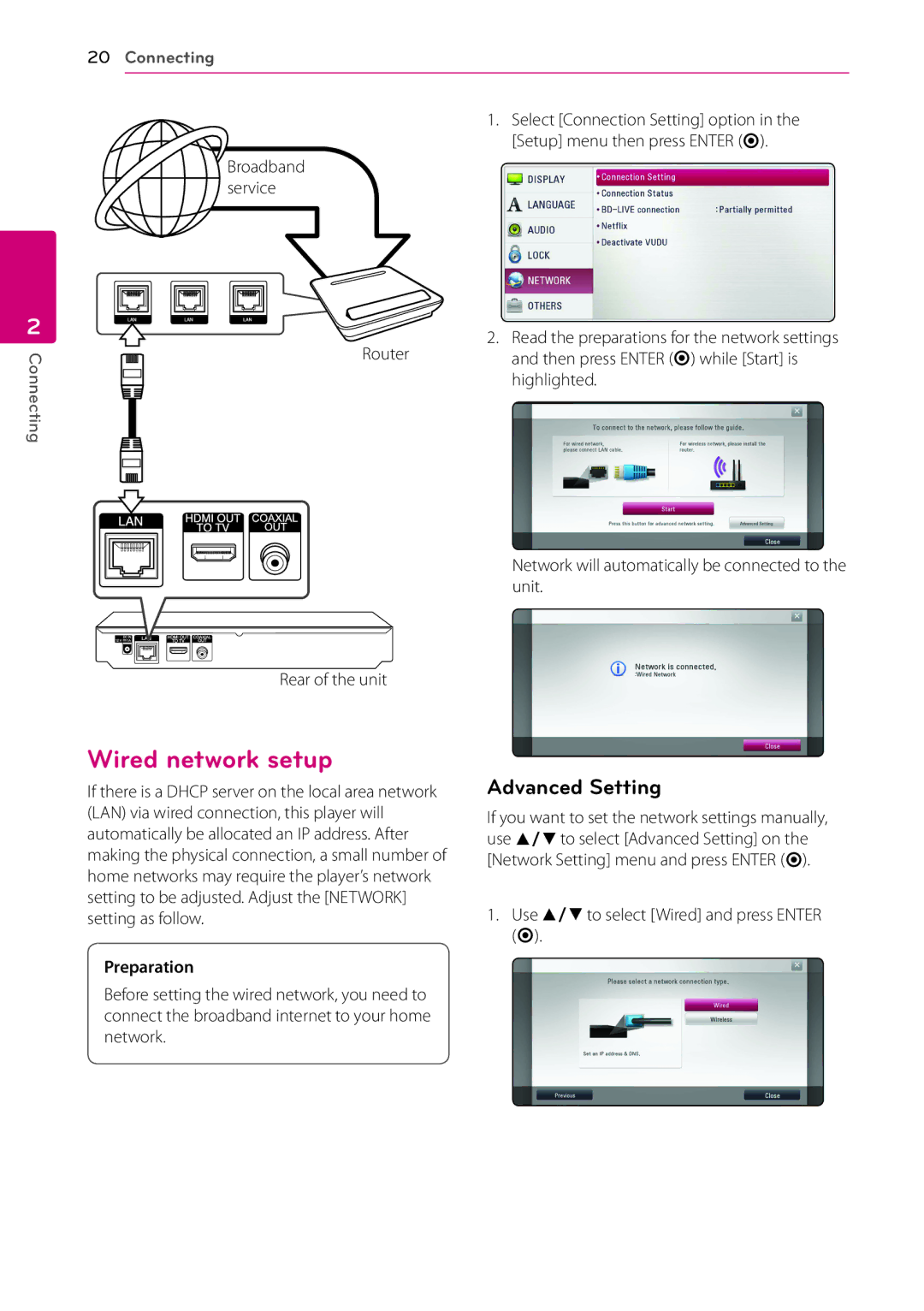 LG Electronics BP200 Wired network setup, Advanced Setting, Preparation, Use w/sto select Wired and press Enter b 