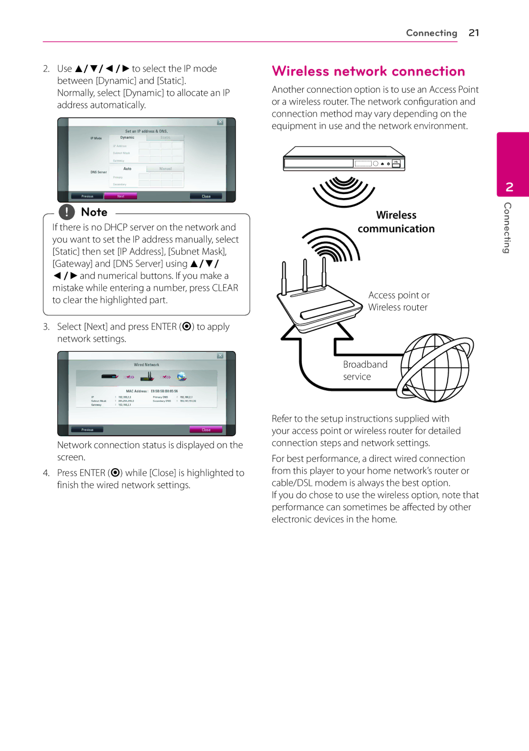 LG Electronics BP200 owner manual Use w/s/a/dto select the IP mode, Between Dynamic and Static, Address automatically 