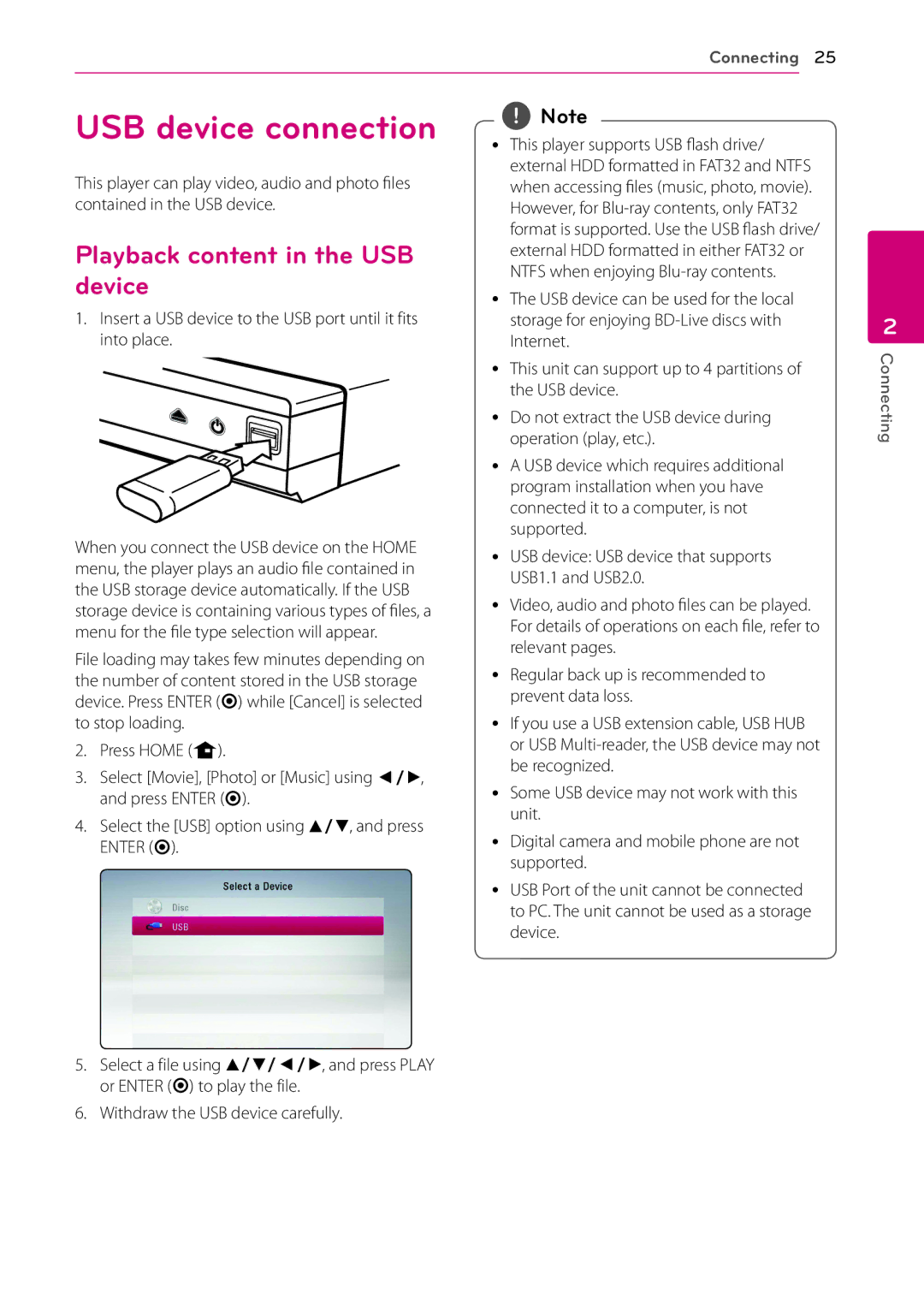 LG Electronics BP200 owner manual USB device connection, Playback content in the USB device 