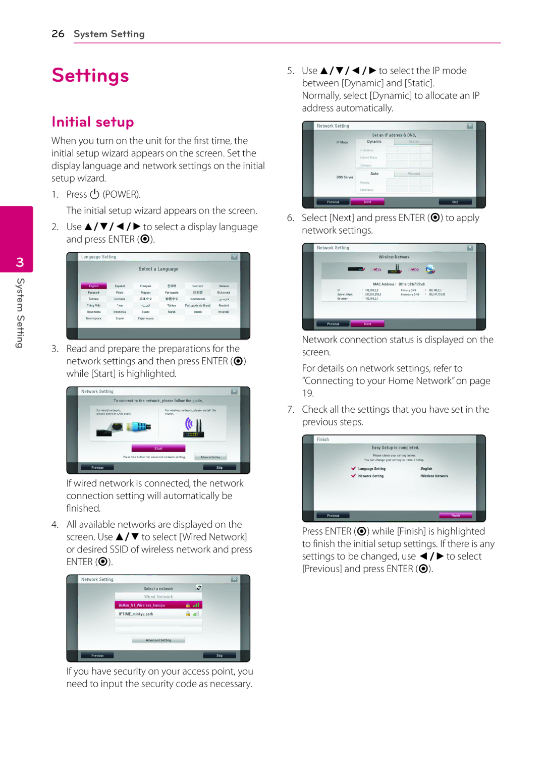 LG Electronics BP200 owner manual Settings, Initial setup 