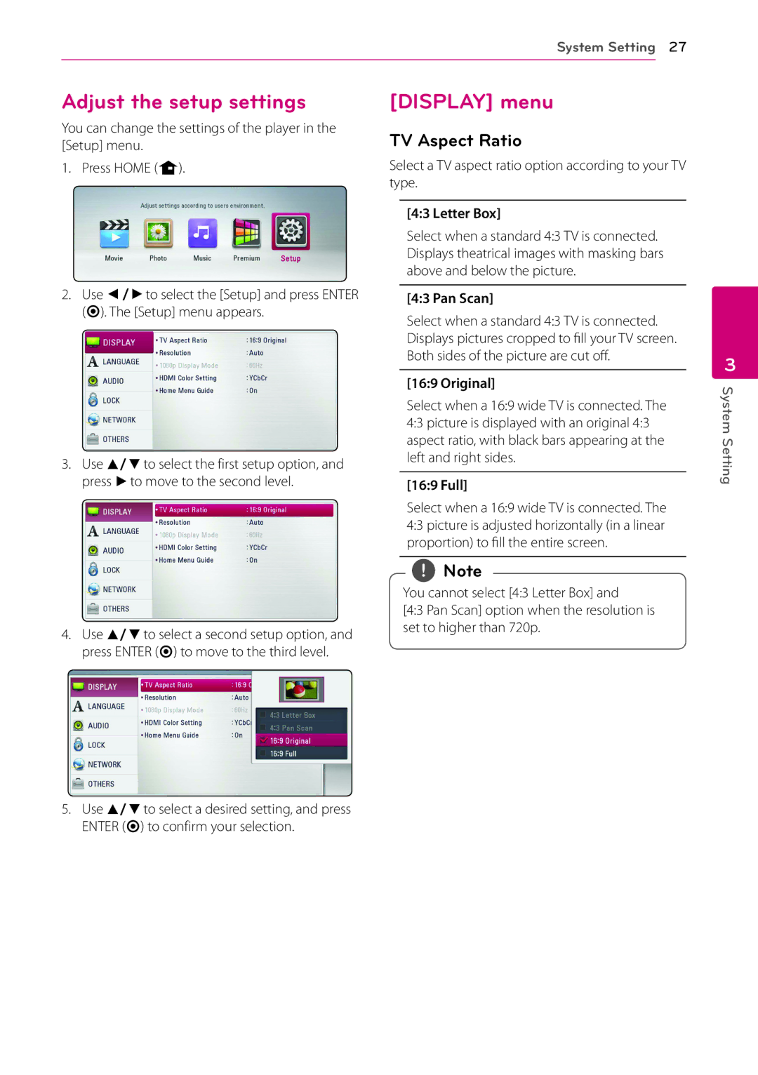 LG Electronics BP200 owner manual Adjust the setup settings, Display menu, TV Aspect Ratio 