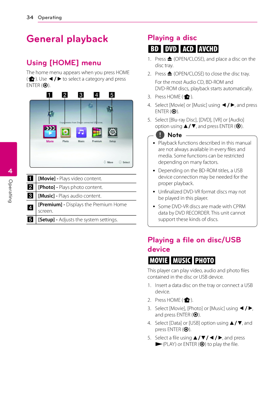 LG Electronics BP200 owner manual General playback, Using Home menu, Playing a disc, Playing a file on disc/USB device 