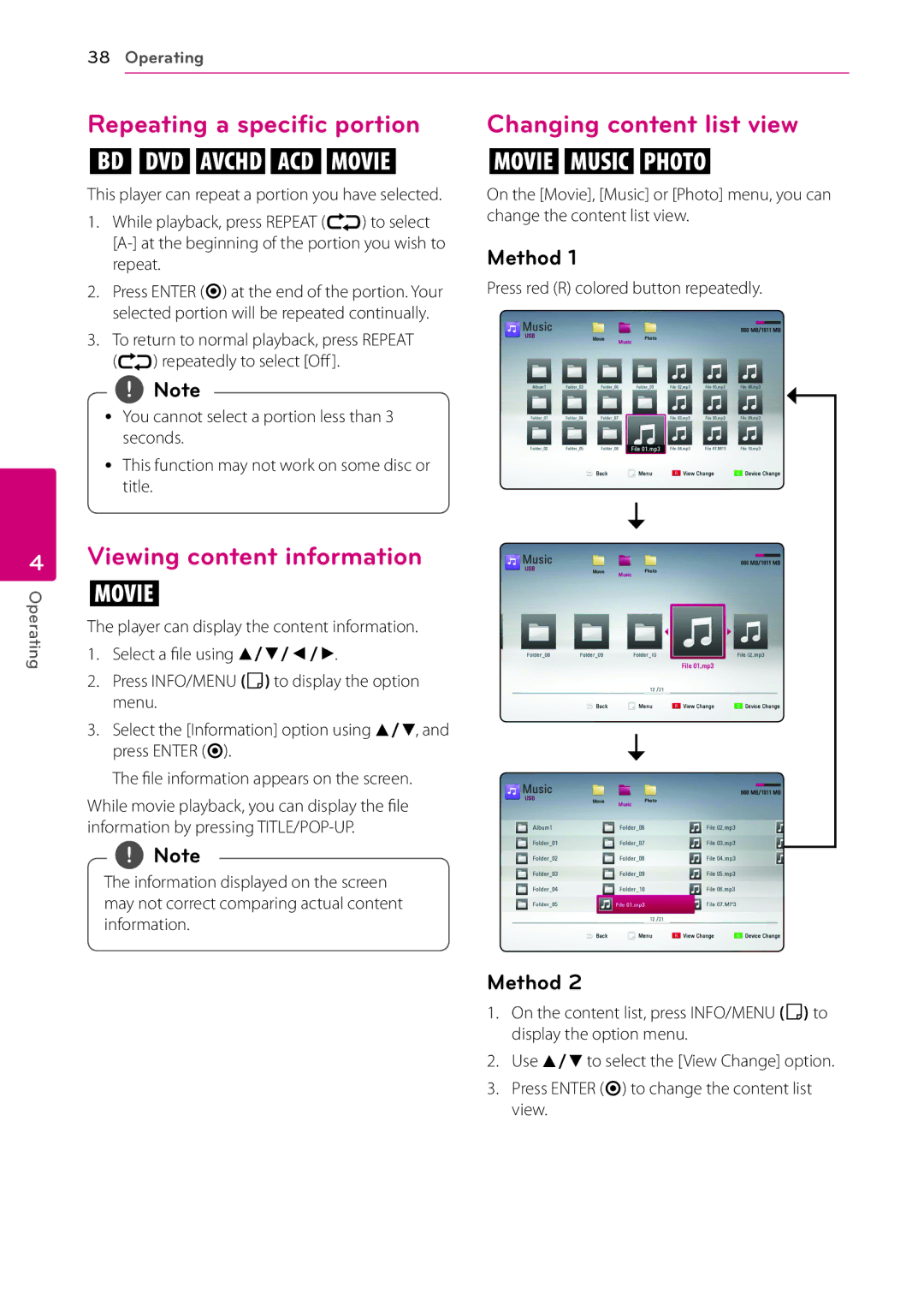 LG Electronics BP200 Repeating a specific portion, Viewing content information, Changing content list view, Method 