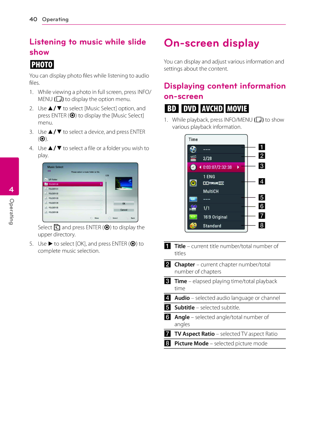 LG Electronics BP200 On-screen display, Listening to music while slide show, Displaying content information on-screen 