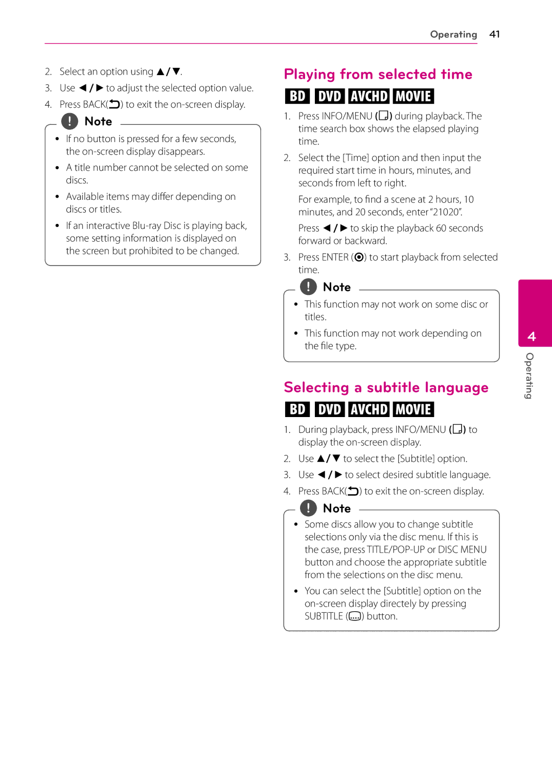 LG Electronics BP200 owner manual Playing from selected time, Selecting a subtitle language 