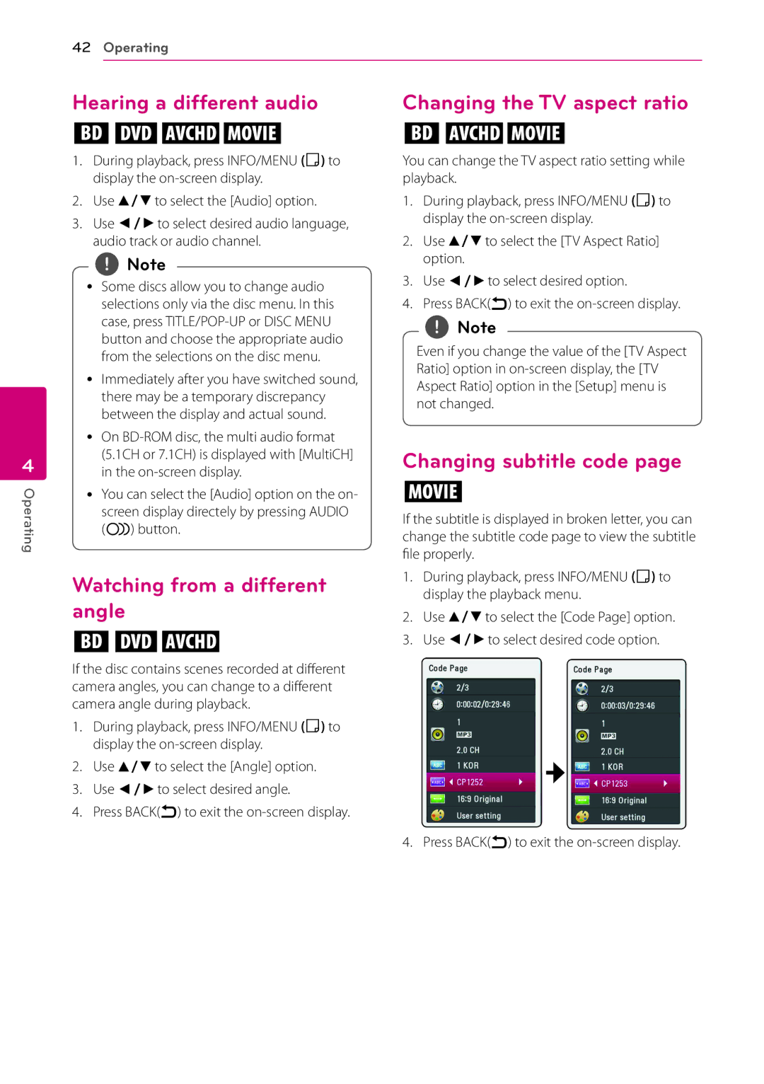 LG Electronics BP200 owner manual Hearing a different audio, Watching from a different angle, Changing the TV aspect ratio 