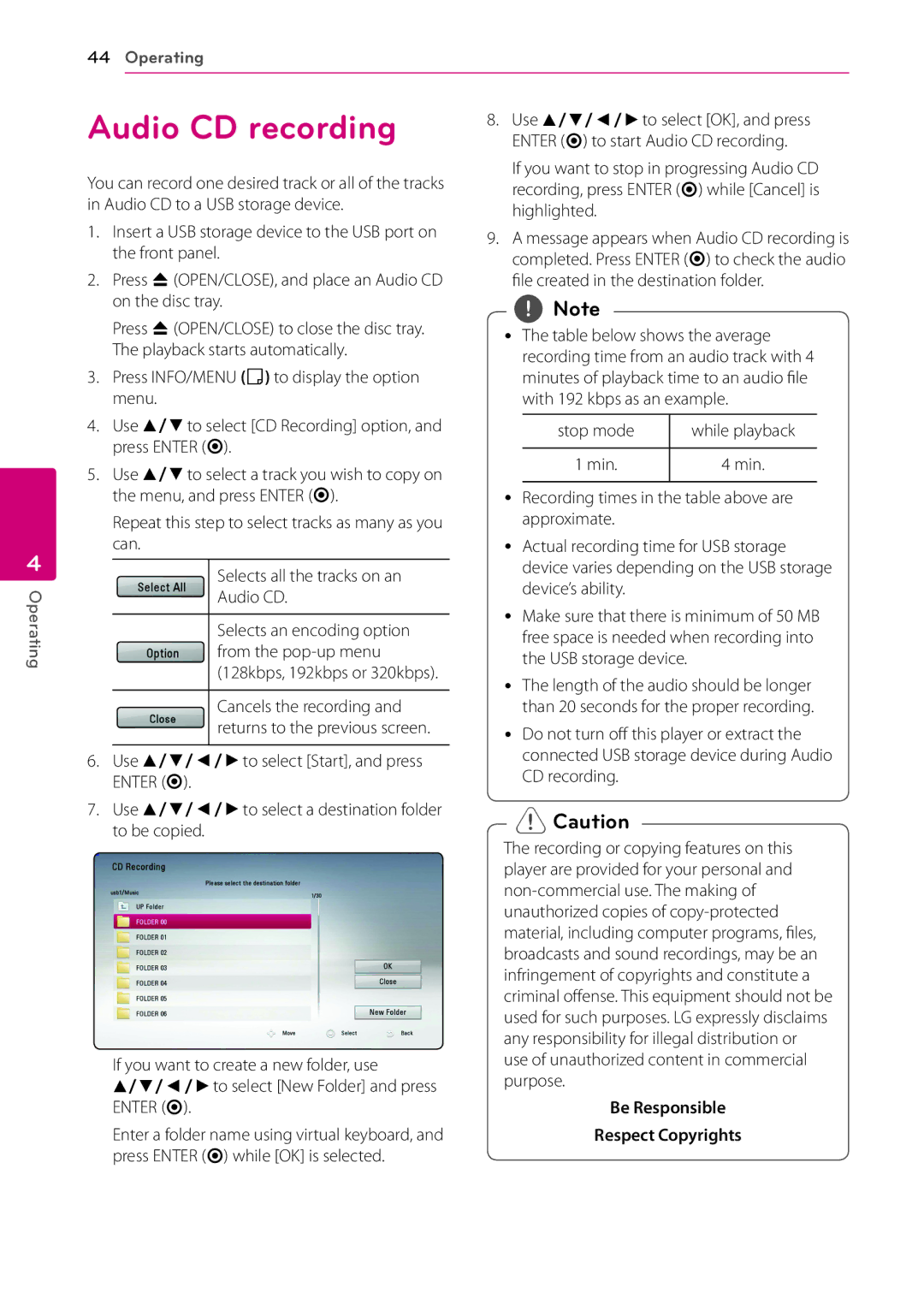 LG Electronics BP200 owner manual Audio CD recording 