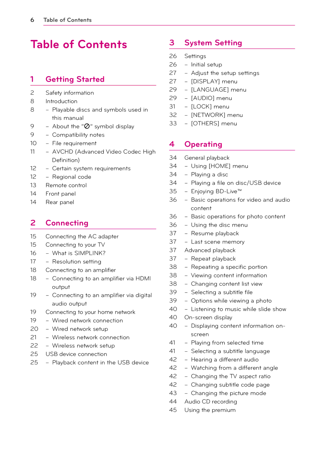 LG Electronics BP200 owner manual Table of Contents 