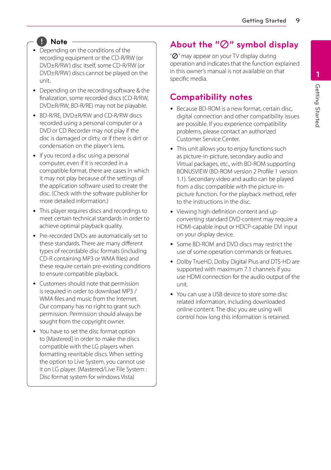 LG Electronics BP200 owner manual About the 7 symbol display Compatibility notes 