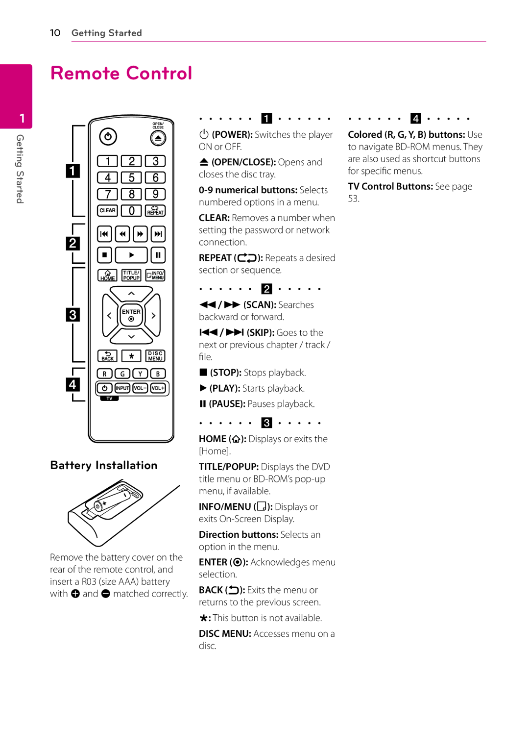 LG Electronics BP530 owner manual Remote Control, Battery Installation, BOPEN/CLOSE Opens and closes the disc tray 