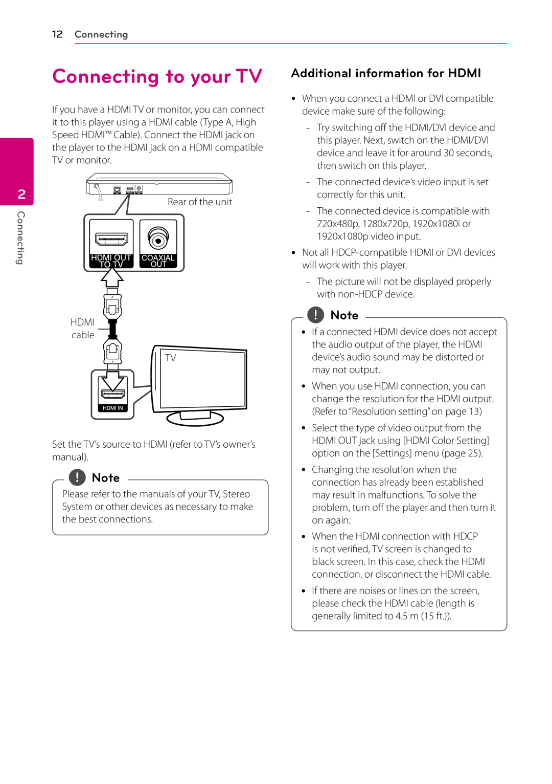 LG Electronics BP530 owner manual Connecting to your TV, Additional information for Hdmi, Hdmi cable 