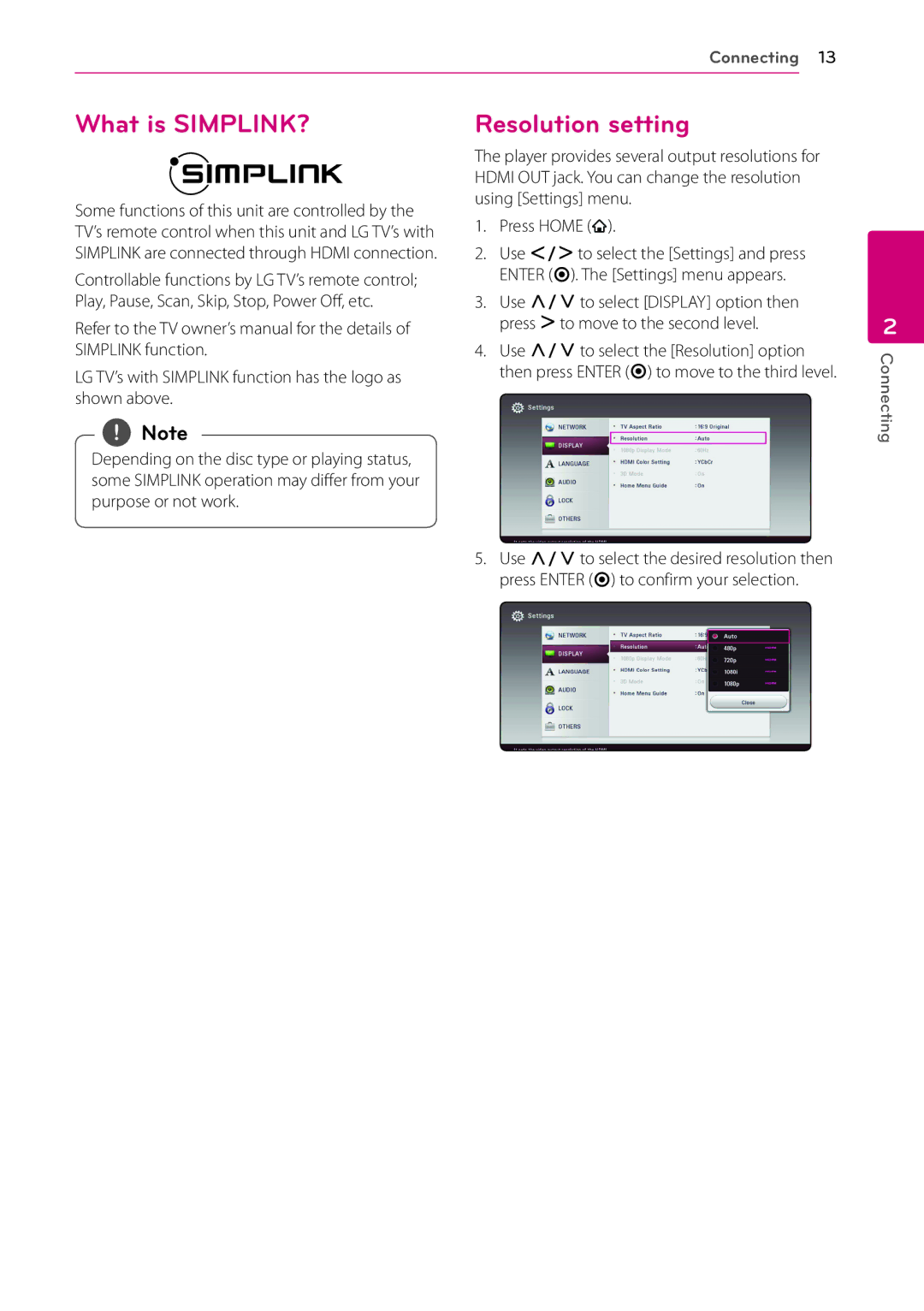 LG Electronics BP530 owner manual What is SIMPLINK?, Resolution setting, Press Home 