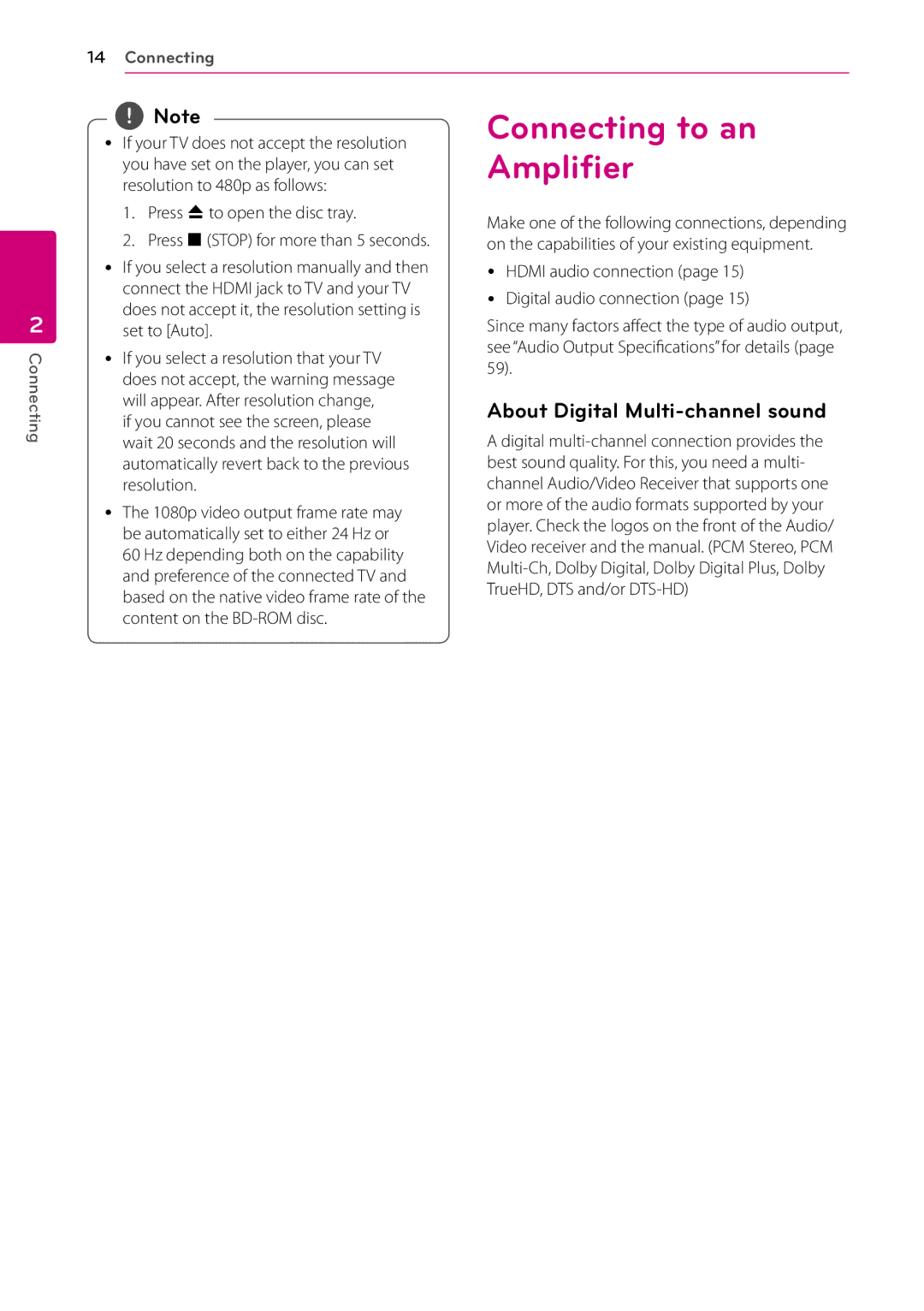 LG Electronics BP530 owner manual Connecting to an Amplifier, About Digital Multi-channel sound 