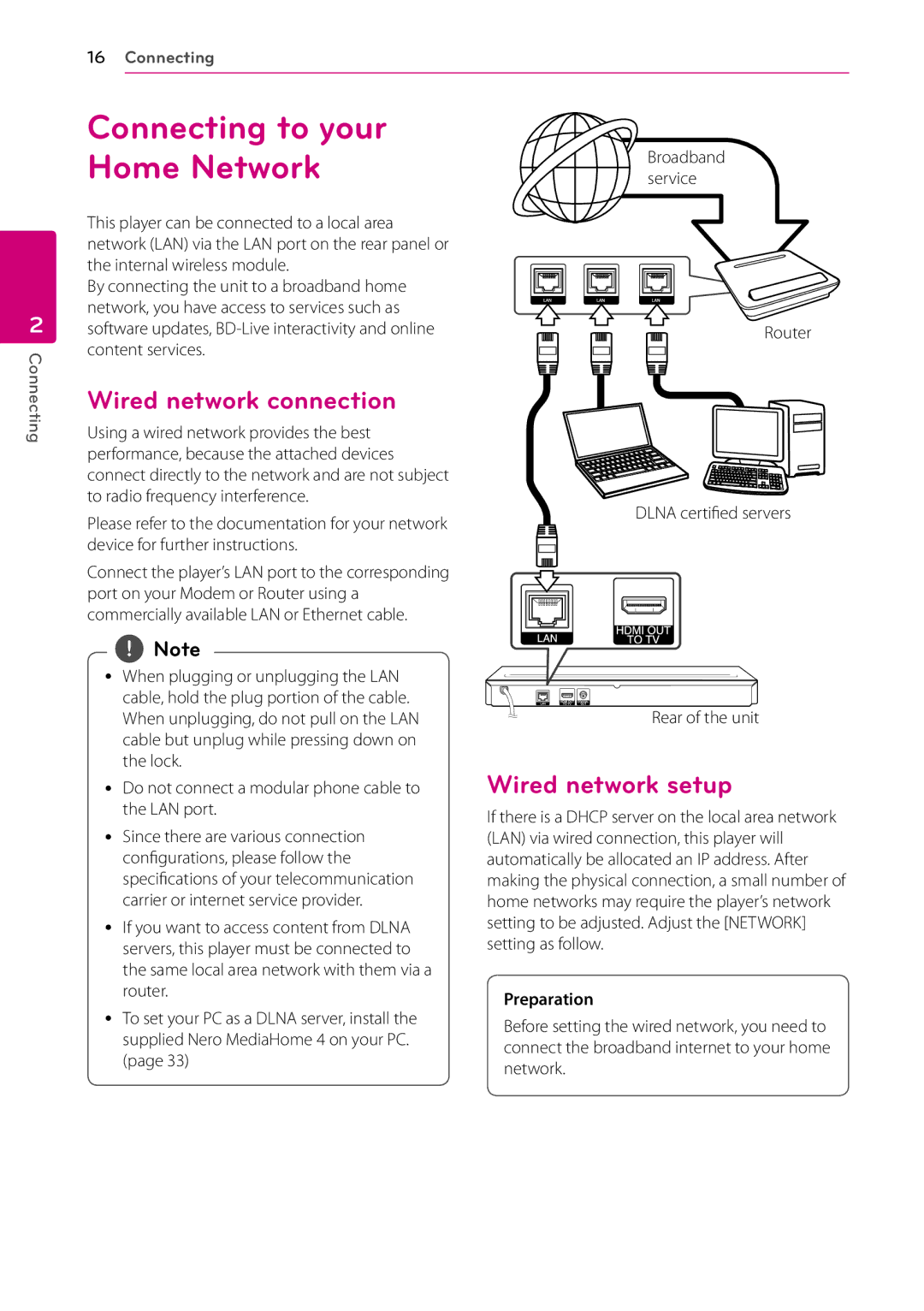 LG Electronics BP530 Connecting to your, Home Network, Wired network connection, Wired network setup, Preparation 