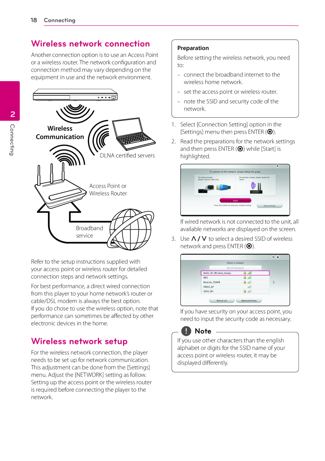 LG Electronics BP530 owner manual Wireless network connection, Wireless network setup 