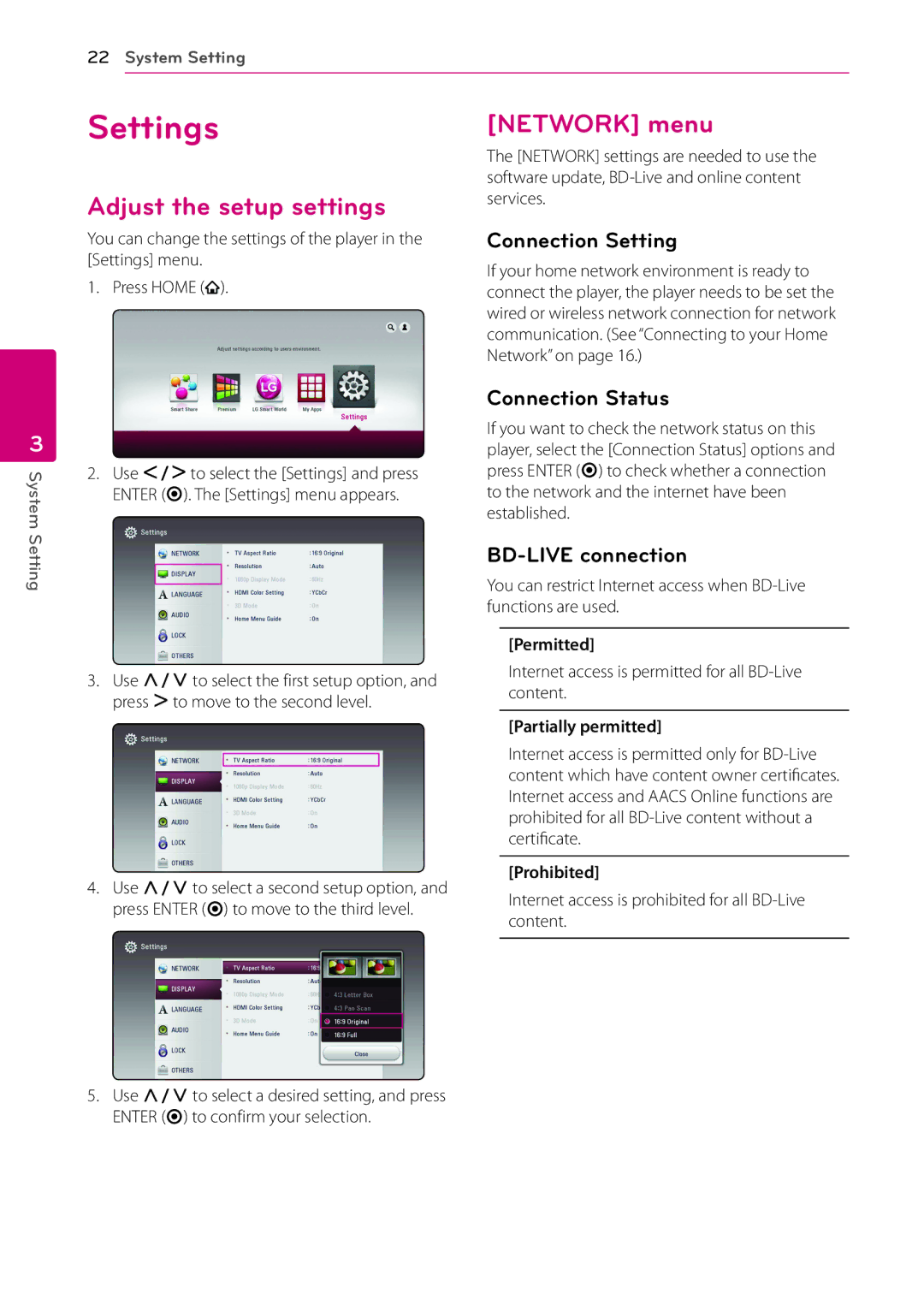 LG Electronics BP530 owner manual Settings, Adjust the setup settings, Network menu 