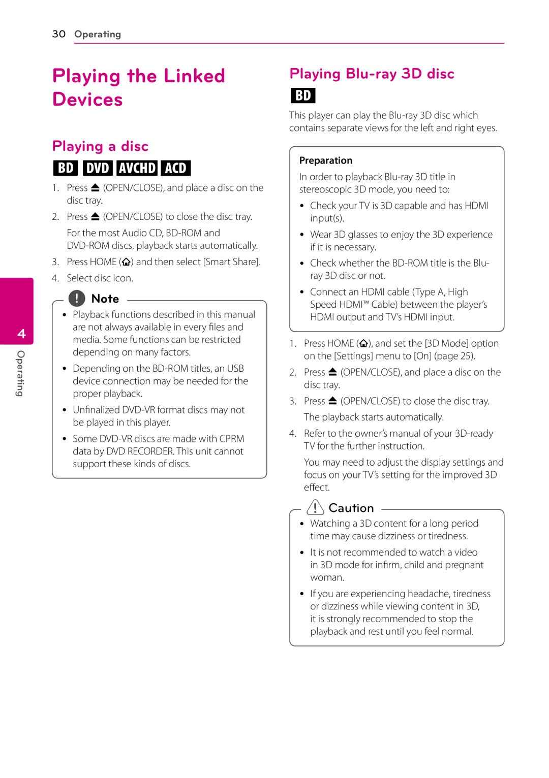 LG Electronics BP530 owner manual Playing the Linked, Devices, Playing Blu-ray 3D disc, Playing a disc, Select disc icon 