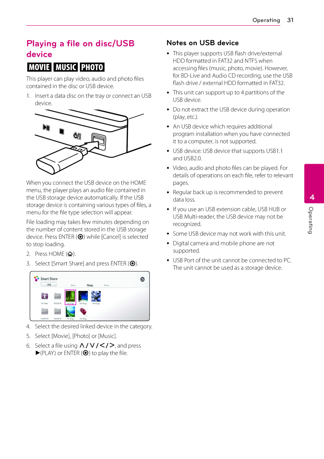 LG Electronics BP530 Playing a file on disc/USB device, Insert a data disc on the tray or connect an USB device 