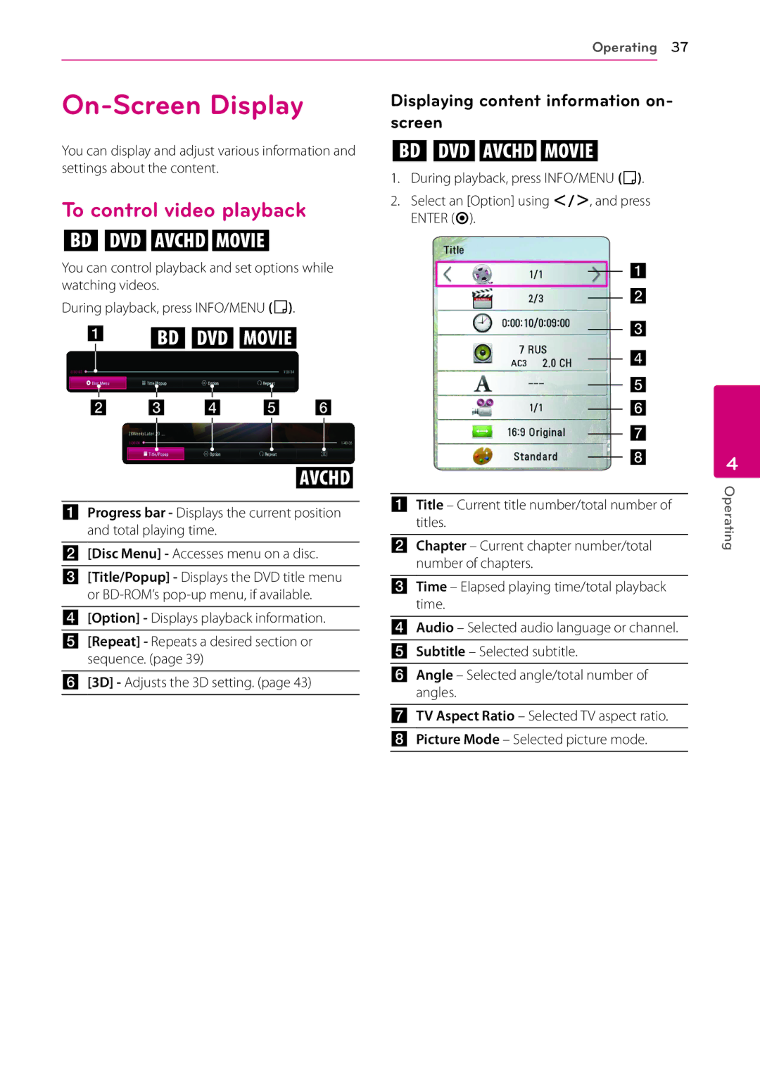 LG Electronics BP530 owner manual On-Screen Display, To control video playback, Displaying content information on- screen 