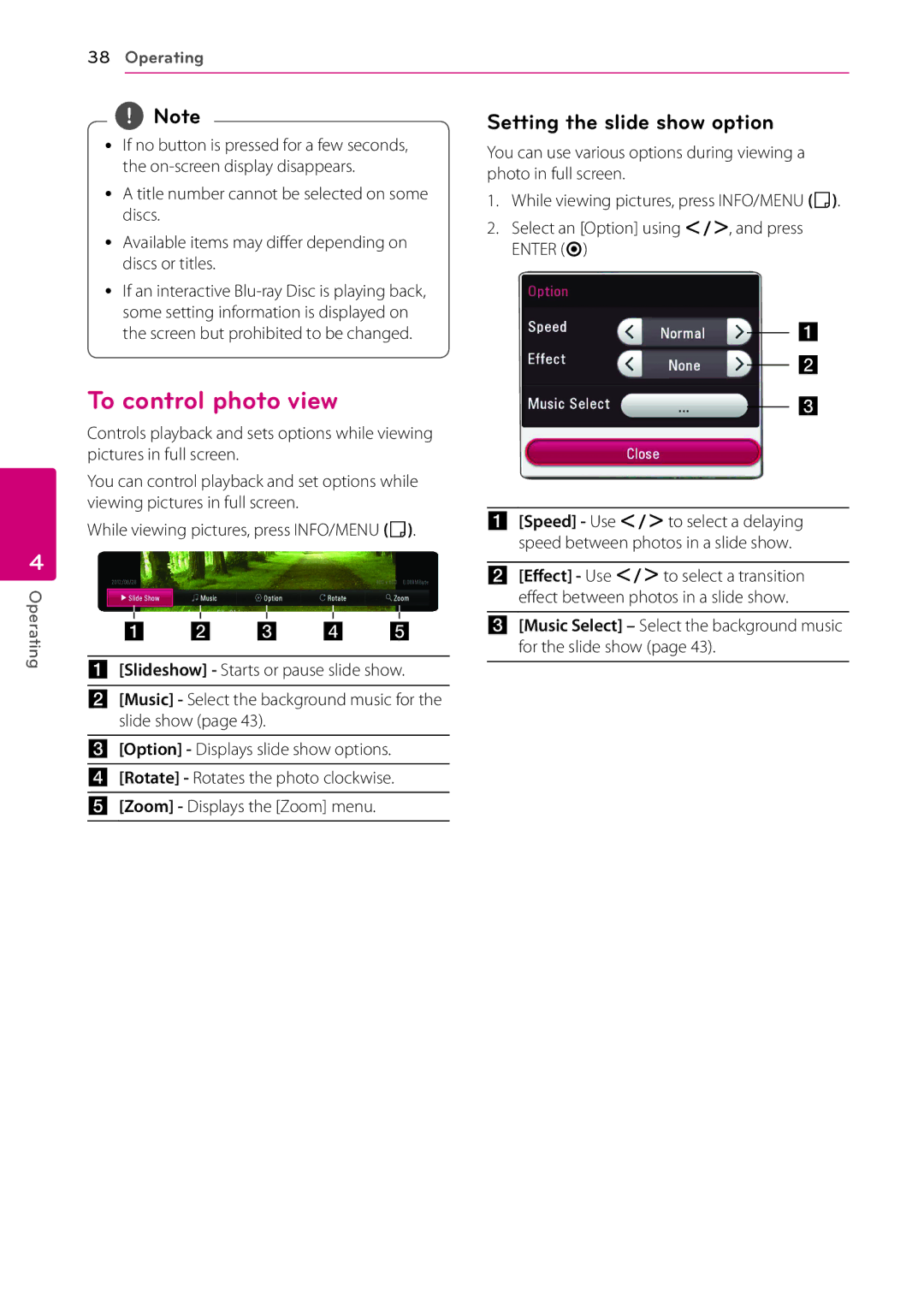 LG Electronics BP530 owner manual To control photo view, Setting the slide show option 