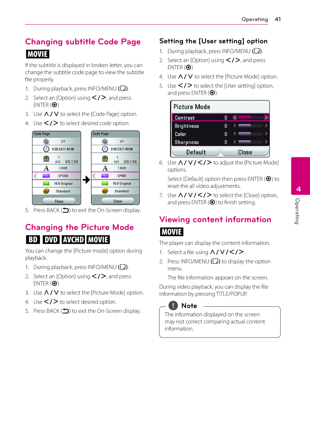 LG Electronics BP530 owner manual Changing subtitle Code, Changing the Picture Mode, Viewing content information 