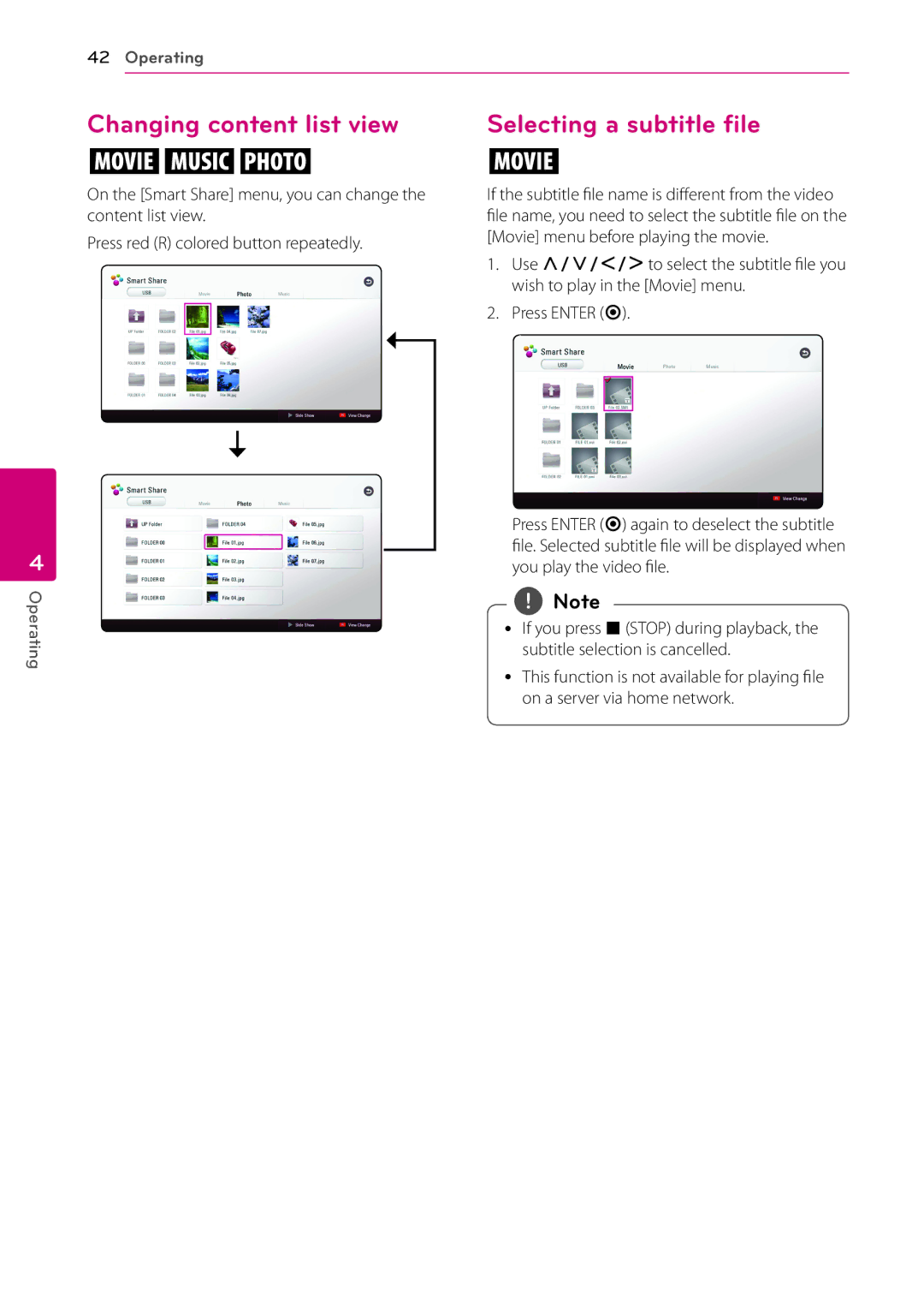 LG Electronics BP530 owner manual Changing content list view, Selecting a subtitle file 