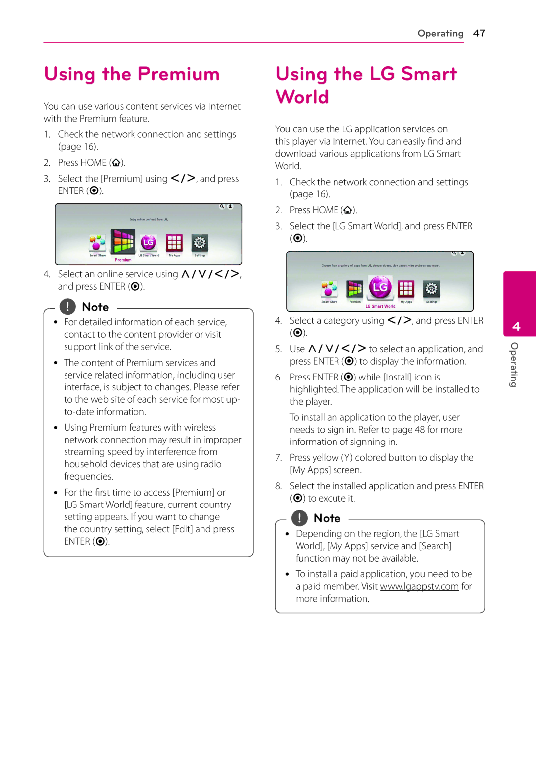 LG Electronics BP530 owner manual Using the Premium, Using the LG Smart World 