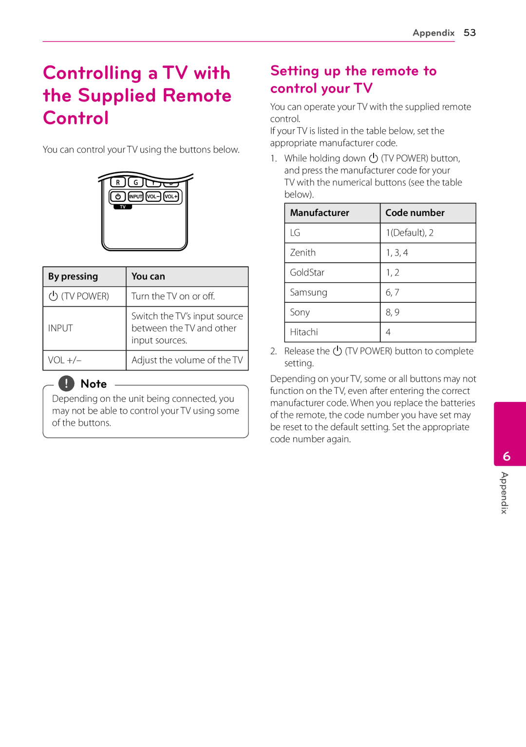 LG Electronics BP530 Controlling a TV with the Supplied Remote Control, Setting up the remote to control your TV 