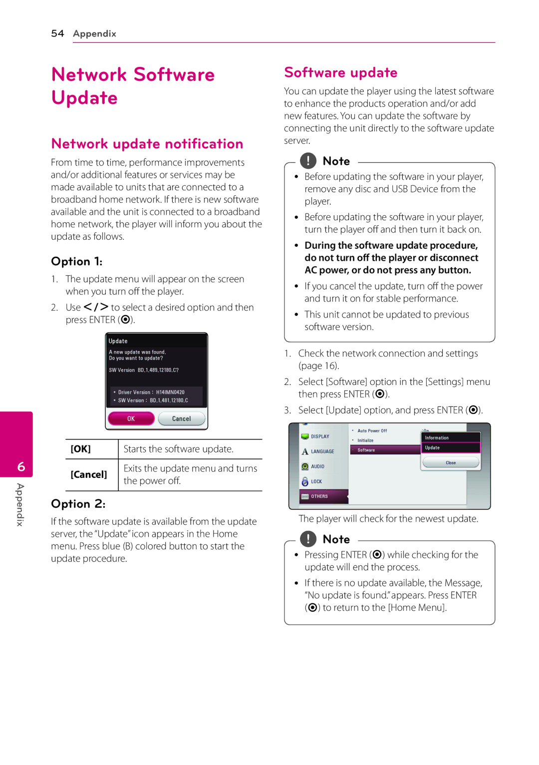 LG Electronics BP530 owner manual Network Software Update, Network update notification, Software update, Option 