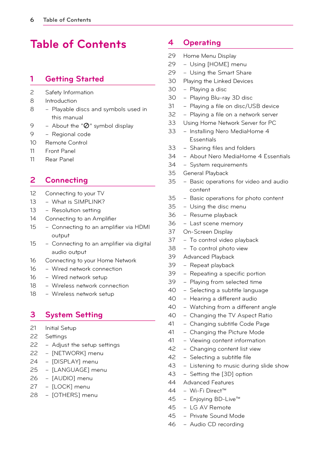 LG Electronics BP530 owner manual Table of Contents 