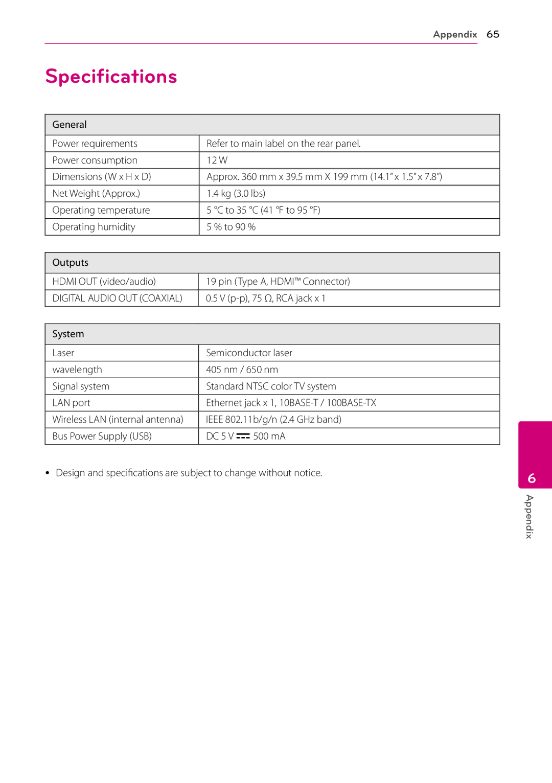 LG Electronics BP530 owner manual Specifications 