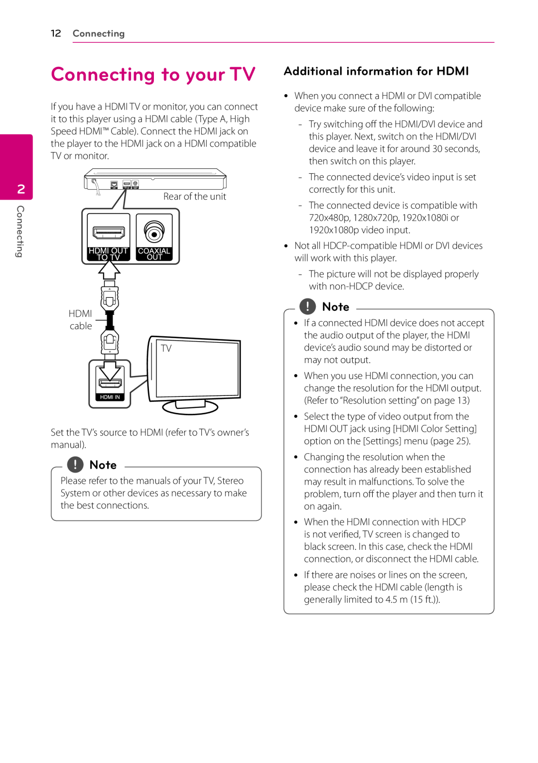 LG Electronics BP530 owner manual Connecting to your TV, Additional information for HDMI 