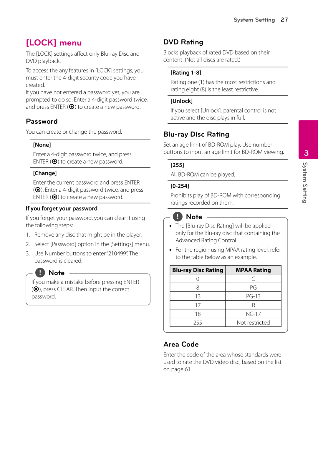 LG Electronics BP530 owner manual LOCK menu, Password, DVD Rating, Blu-ray Disc Rating, Area Code, System Setting 