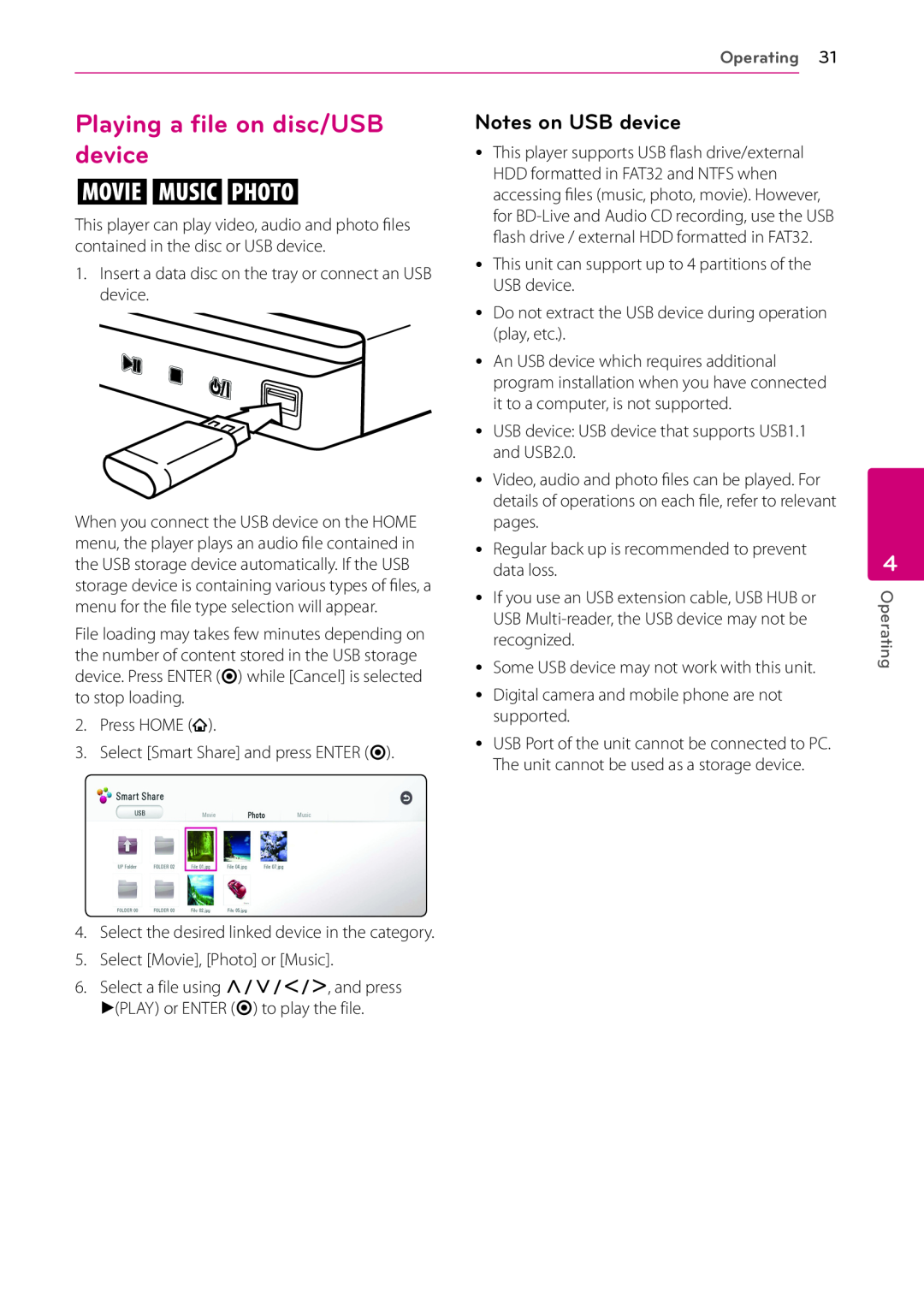 LG Electronics BP530 owner manual Playing a file on disc/USB device, Operating 