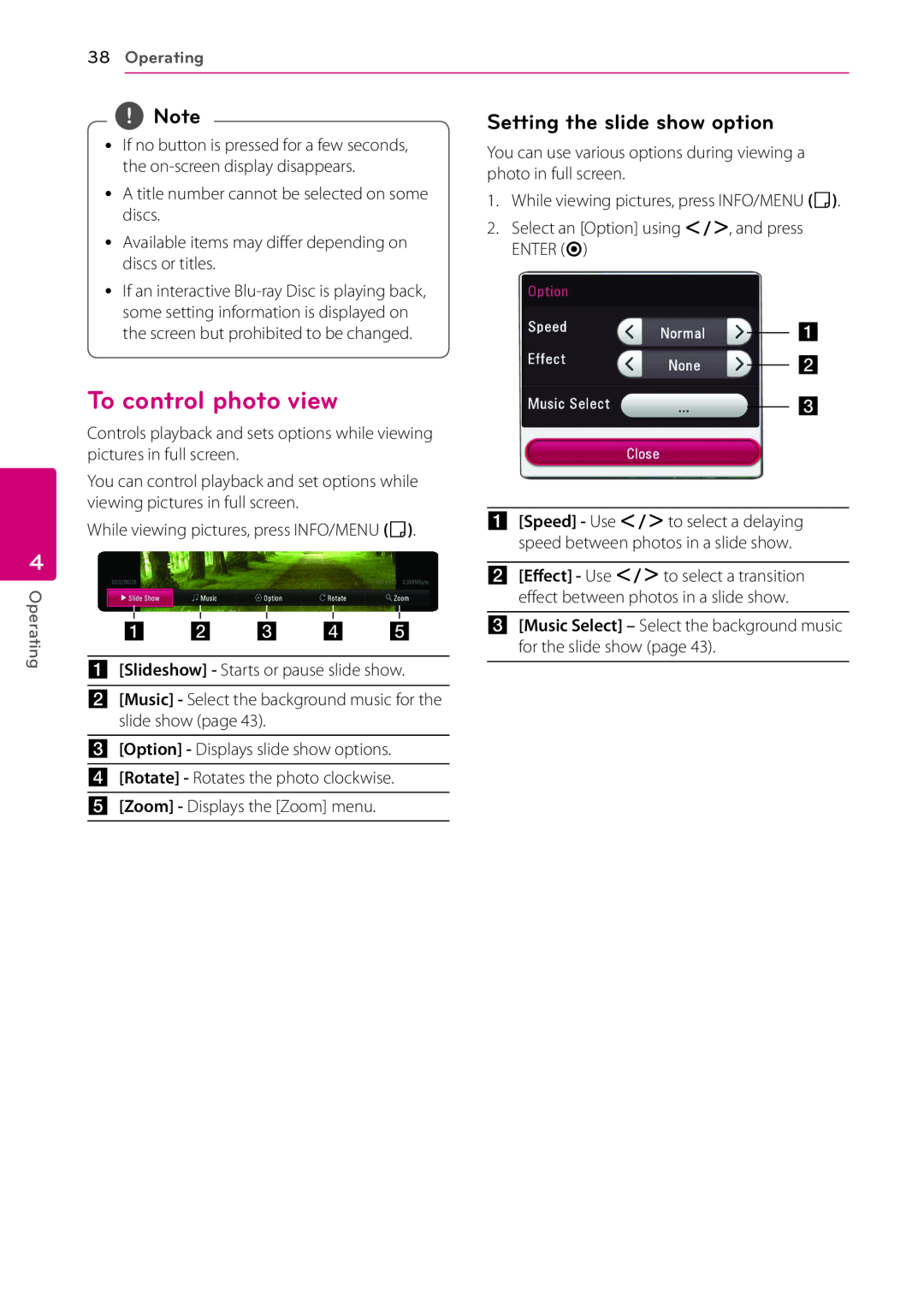 LG Electronics BP530 owner manual To control photo view, Setting the slide show option, Operating 