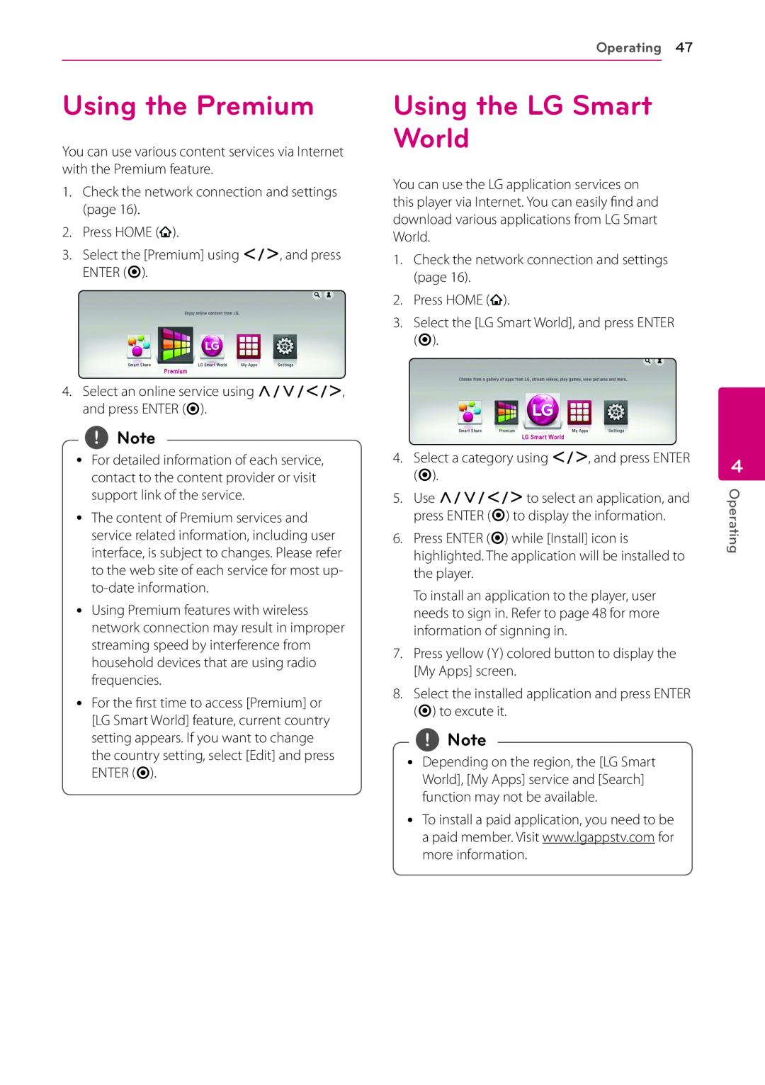 LG Electronics BP530 owner manual Using the Premium, Using the LG Smart World, Operating 