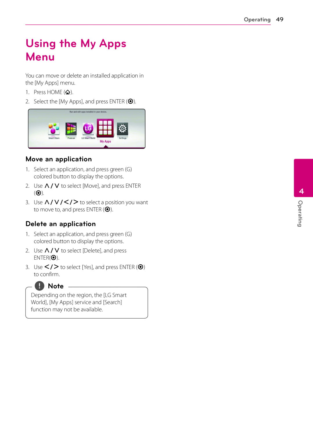 LG Electronics BP530 owner manual Using the My Apps Menu, Move an application, Delete an application, Operating 