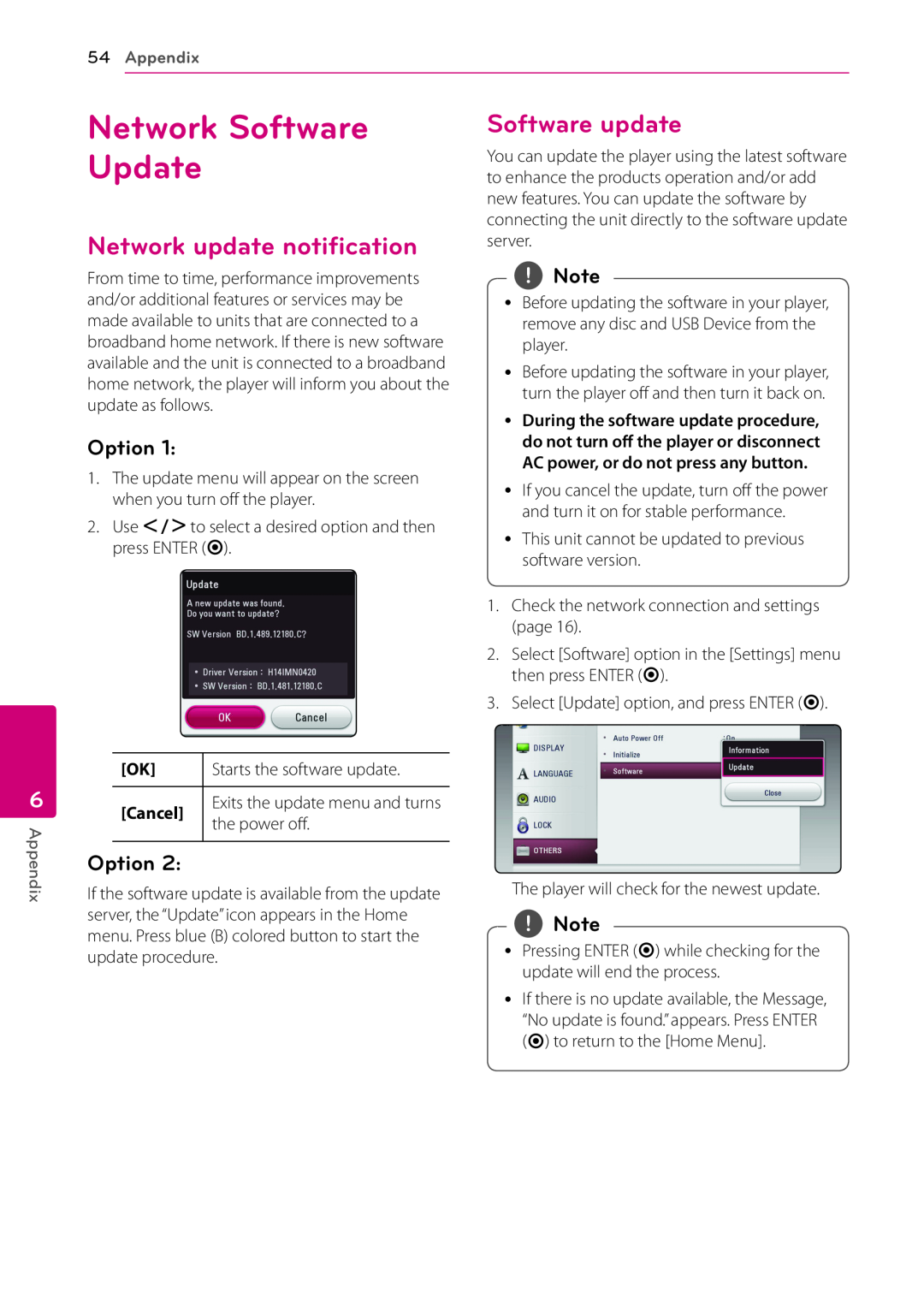 LG Electronics BP530 owner manual Network Software Update, Network update notification, Software update, Appendix 