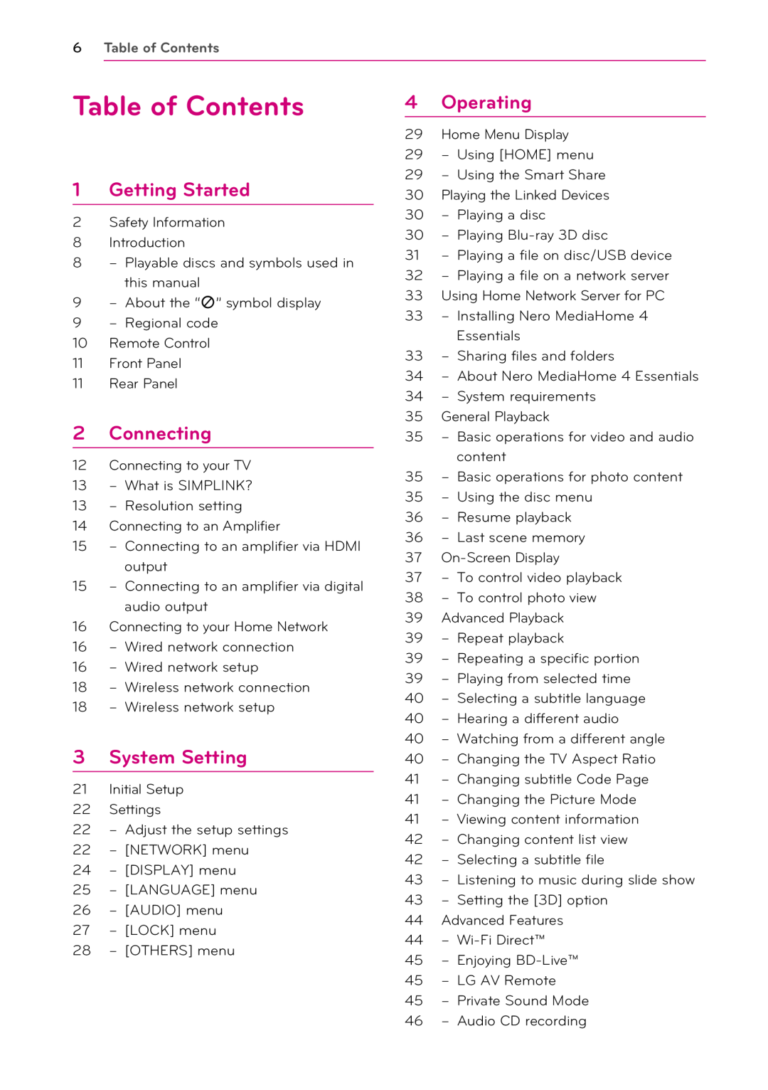 LG Electronics BP530 owner manual Table of Contents, Getting Started, Connecting, System Setting, Operating 
