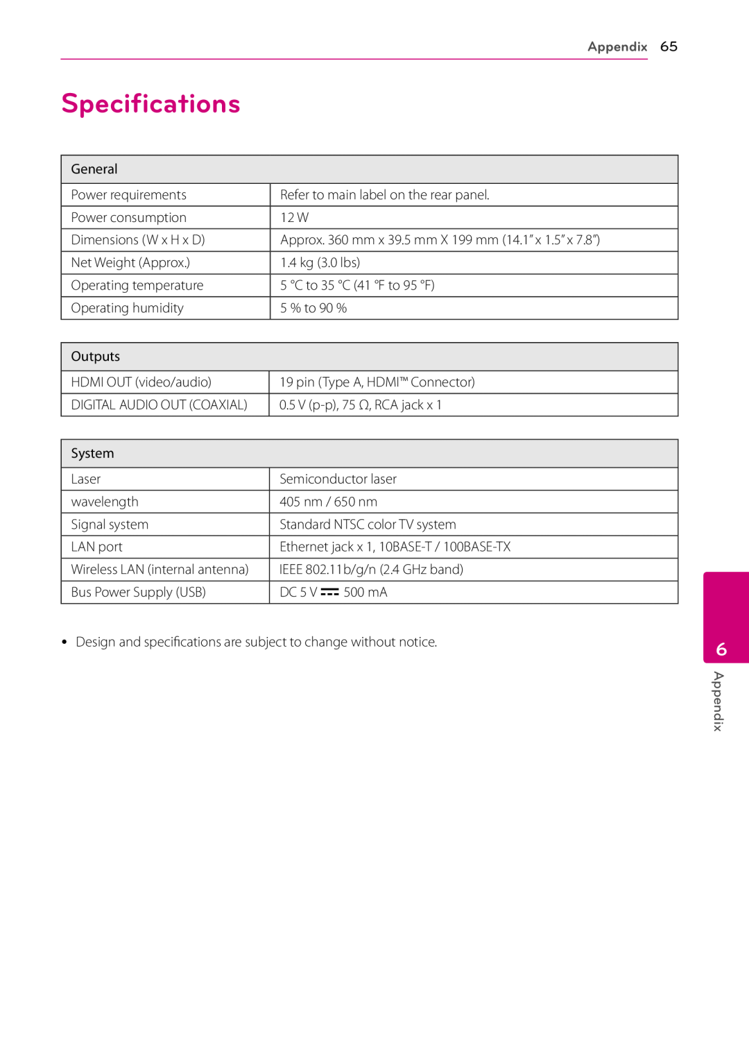 LG Electronics BP530 owner manual Specifications, Appendix 