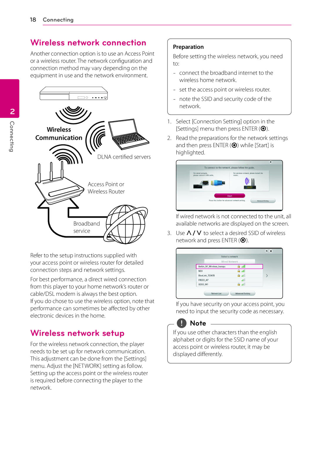 LG Electronics BP540 owner manual Wireless network connection, Wireless network setup 