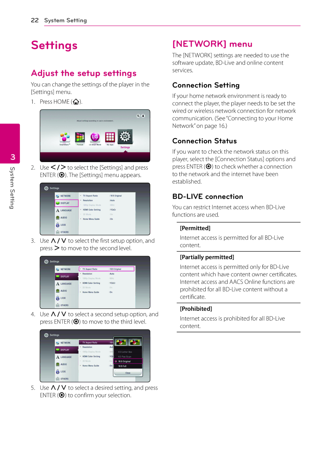 LG Electronics BP540 owner manual Settings, Adjust the setup settings, Network menu 