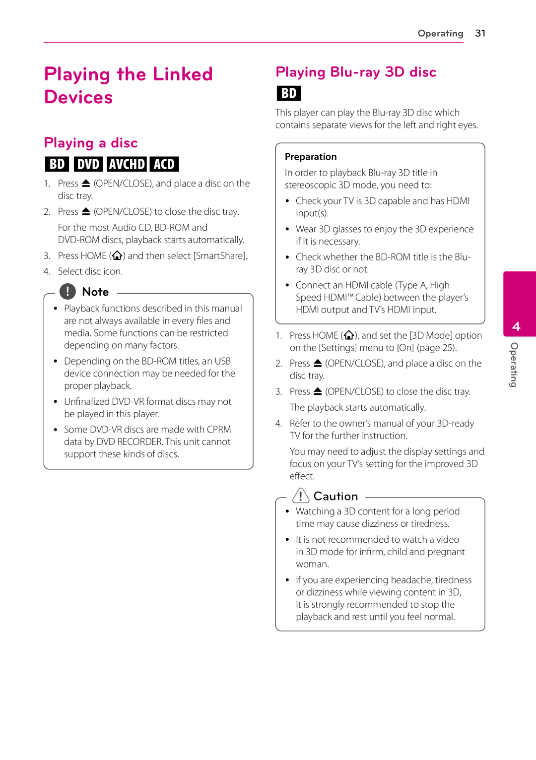 LG Electronics BP540 owner manual Playing the Linked, Devices, Playing Blu-ray 3D disc, Playing a disc 