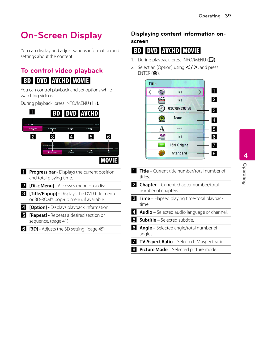 LG Electronics BP540 owner manual On-Screen Display, To control video playback, Displaying content information on- screen 