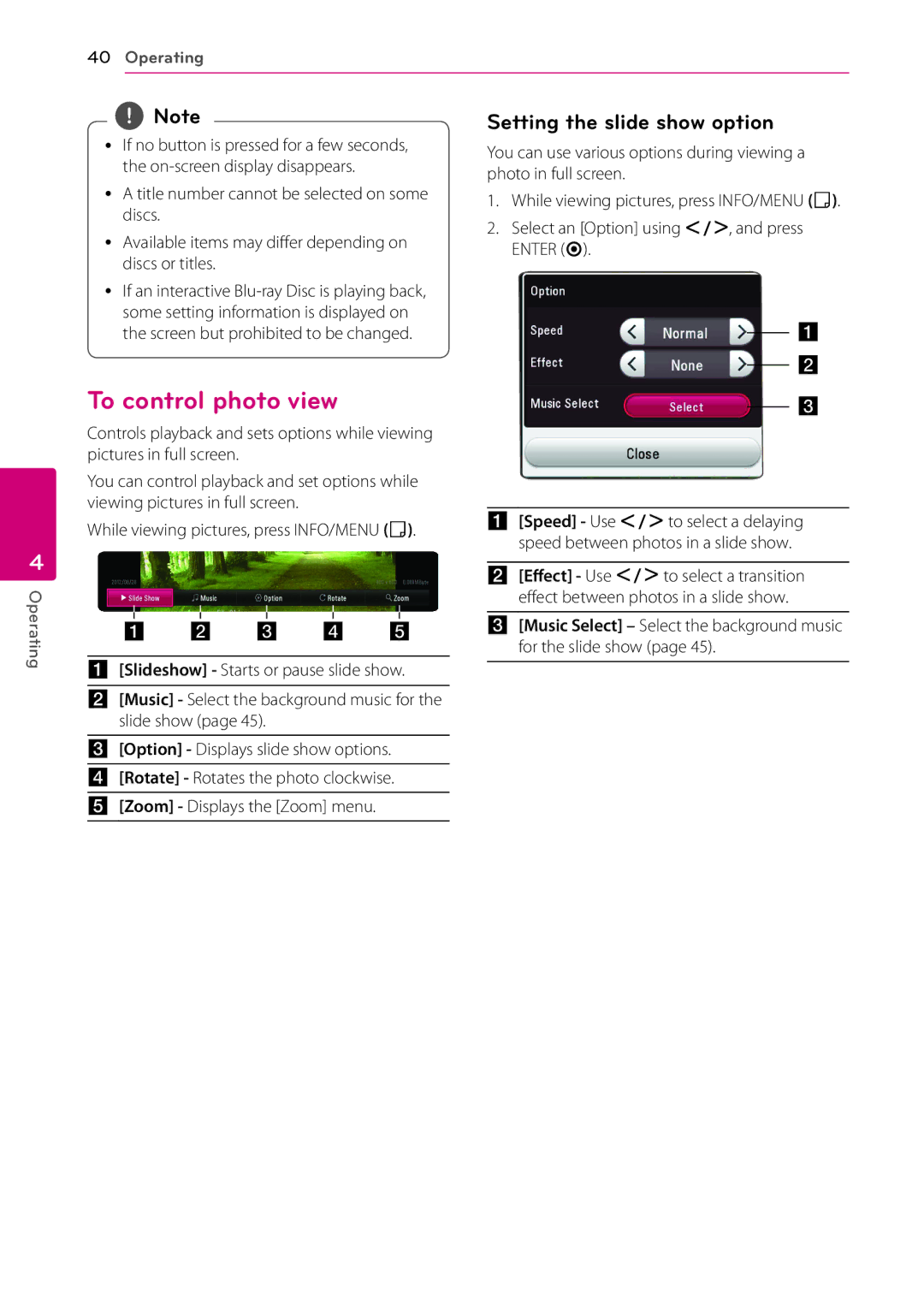 LG Electronics BP540 owner manual To control photo view, Setting the slide show option 