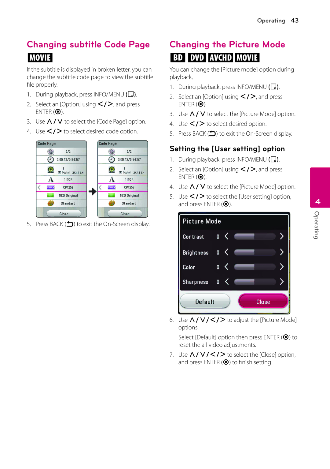 LG Electronics BP540 owner manual Changing subtitle Code, Changing the Picture Mode, Setting the User setting option 