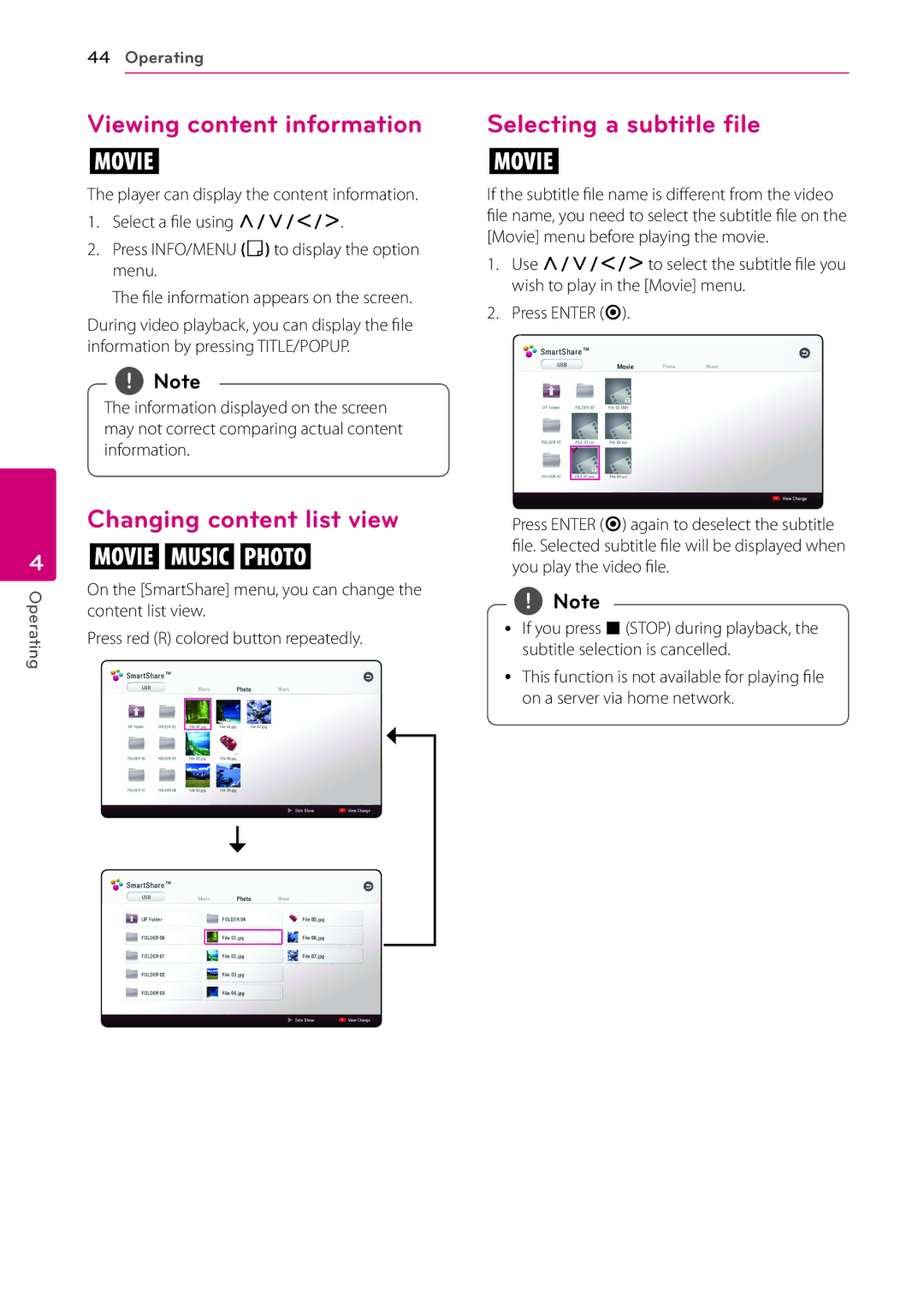 LG Electronics BP540 Viewing content information, Changing content list view, Selecting a subtitle file, Content list view 