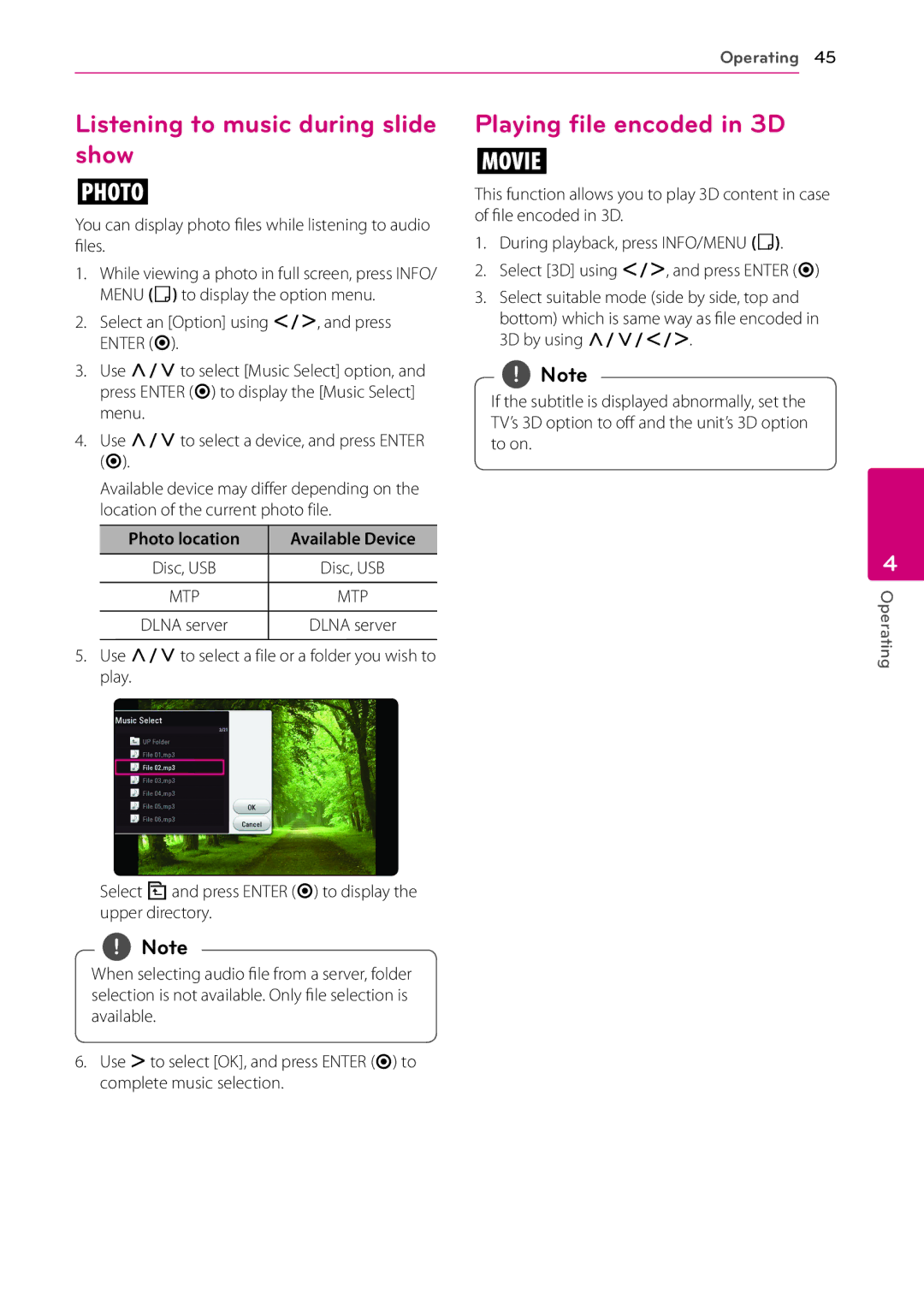 LG Electronics BP540 Listening to music during slide show, Playing file encoded in 3D, Photo location Available Device 