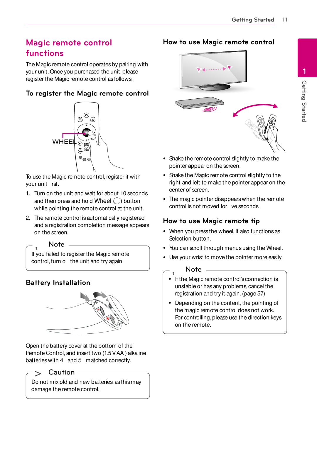 LG Electronics BP730N Magic remote control functions, To register the Magic remote control, Battery Installation 